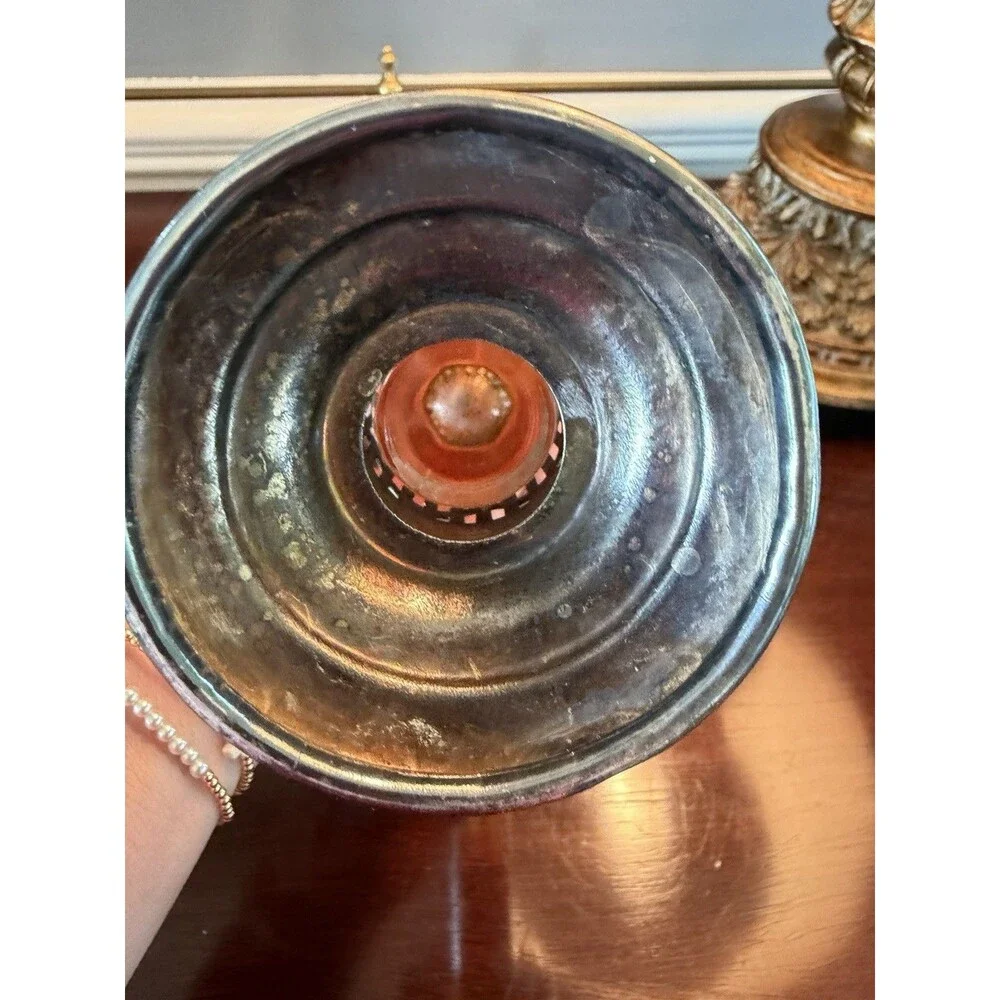Vintage Art Nouveau Marigold Peach Carnival Glass Bud Flower Vase w/ Metal Stand
